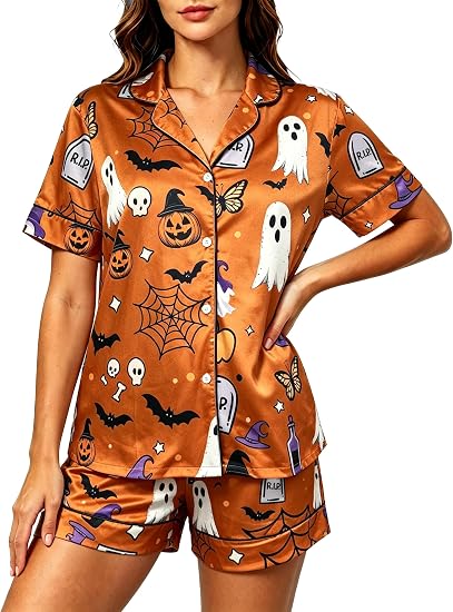 Halloween Pajamas Women Funny Pumpkin Ghost Button Shirt Short Set - skull pajamas