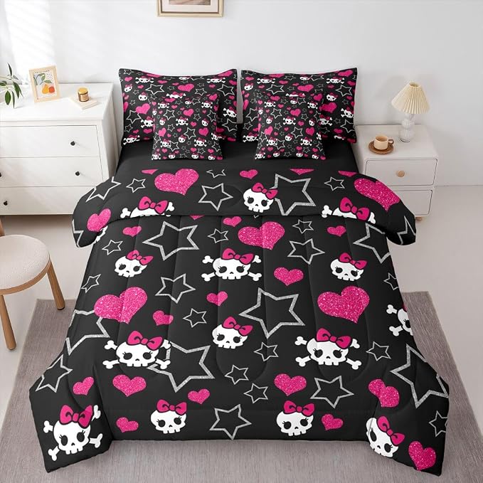 Erosebridal Y2K Skull Twin Size Bedding Set Kids Hot Pink Glitter Heart - skull bedding