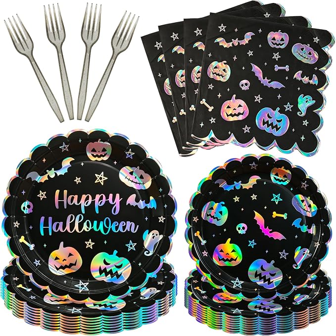 Ansee 96 Pcs Iridescent Halloween Paper Plates Dinnerware Set Serves 24, 9" & 7" Paper Plates Napkins Black Forks, Spooky Halloween Party Supplies for Costume Bash, Classroom & Haunted Theme Parties - skull plate