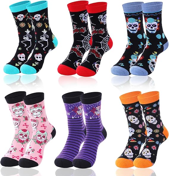 6 Pairs Sugar Skull Crew Socks for Women and Men, Colorful Calavera Socks for Halloween Parties, Costumes, Fall Outfits and Gifts - sugar skull boots