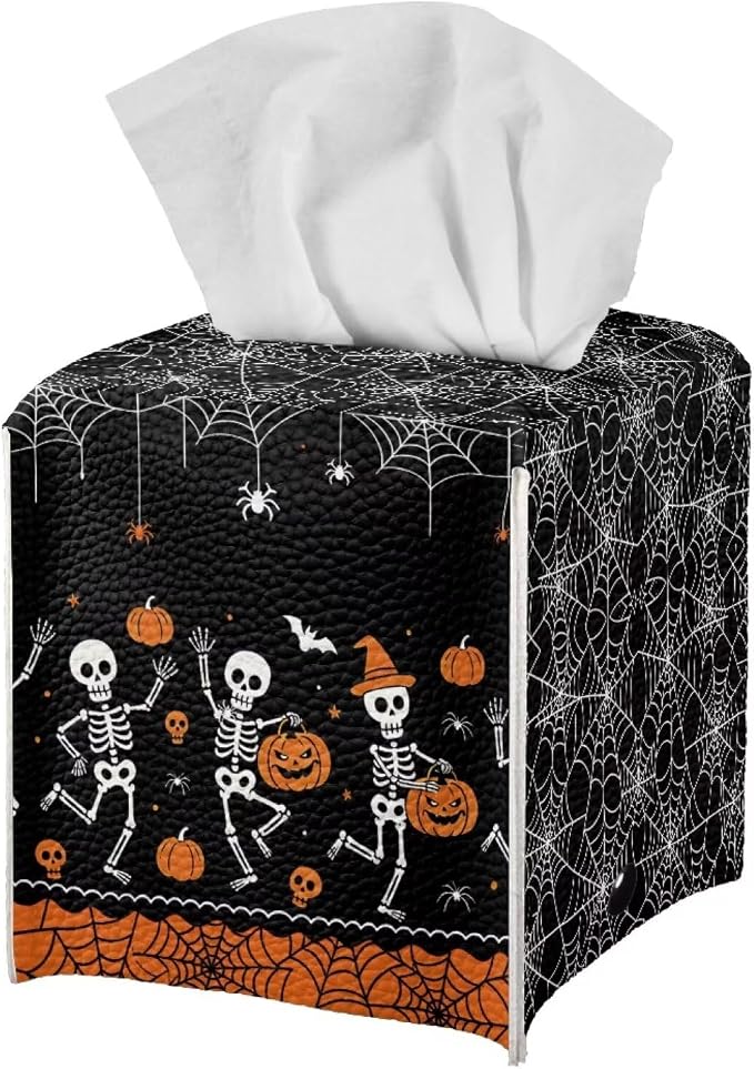 doginthehole Halloween Decorations Tissue Box Cover Hippie Skull Pumpkin PU Leather Tissue Box Holder Square Kleenex Box Covers for Bathroom/Home/Office/Car - skull toilet paper