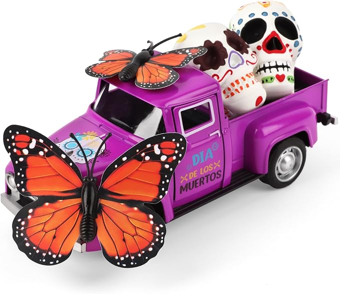 Day of The Dead Halloween Purple Metal Farmhouse Truck Decor for Table - skull figurine