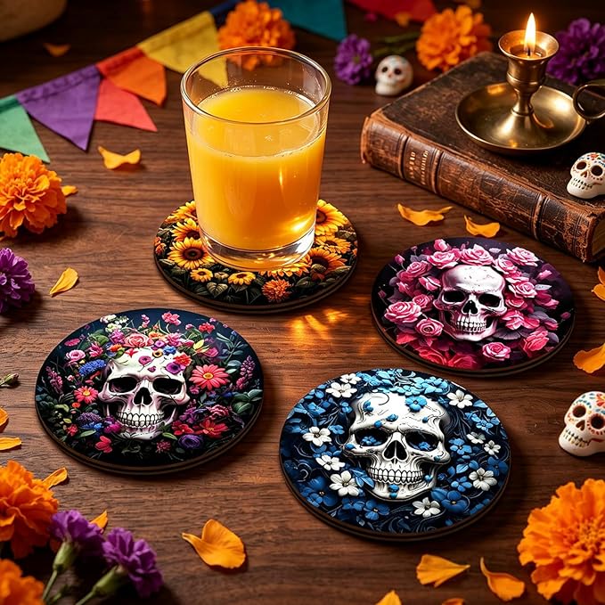 Halloween Coaster,Spider Web Cup Mats,4pcs Spooky Black Wooden Coasters for Bar，Heat Insulation Scalding Prevention Cup Mat Home Kitchen Party Supplies，Halloween Drink Mug Rug - skull coaster