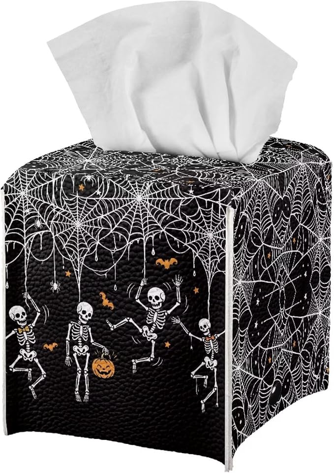doginthehole Halloween Decor Tissue Box Cover Hippie Skull Spider Web Square Decorative PU Leather Facial Paper Case Organizer Holder Dispenser for Bathroom, Vanity Countertop, Night Stands, Car - skull toilet paper