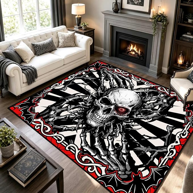 Spooky Hand Bone Skeleton Skull Washable Area Rug 3x4ft