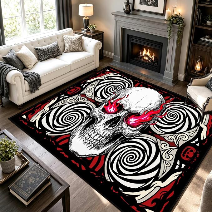 Flaming Skull Area Rug 3x5ft Gothic Horror Carpet Room Decor