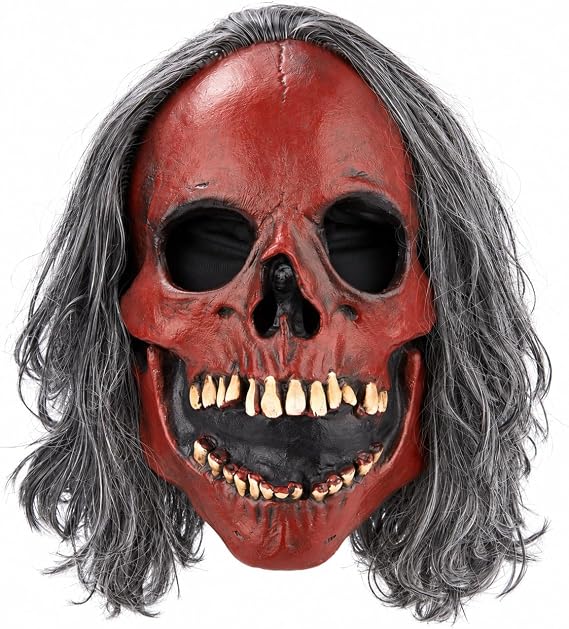 PartyHop Red Skull Mask with Wig Halloween Fancy Dress Mask for Adult - sugar skull costume