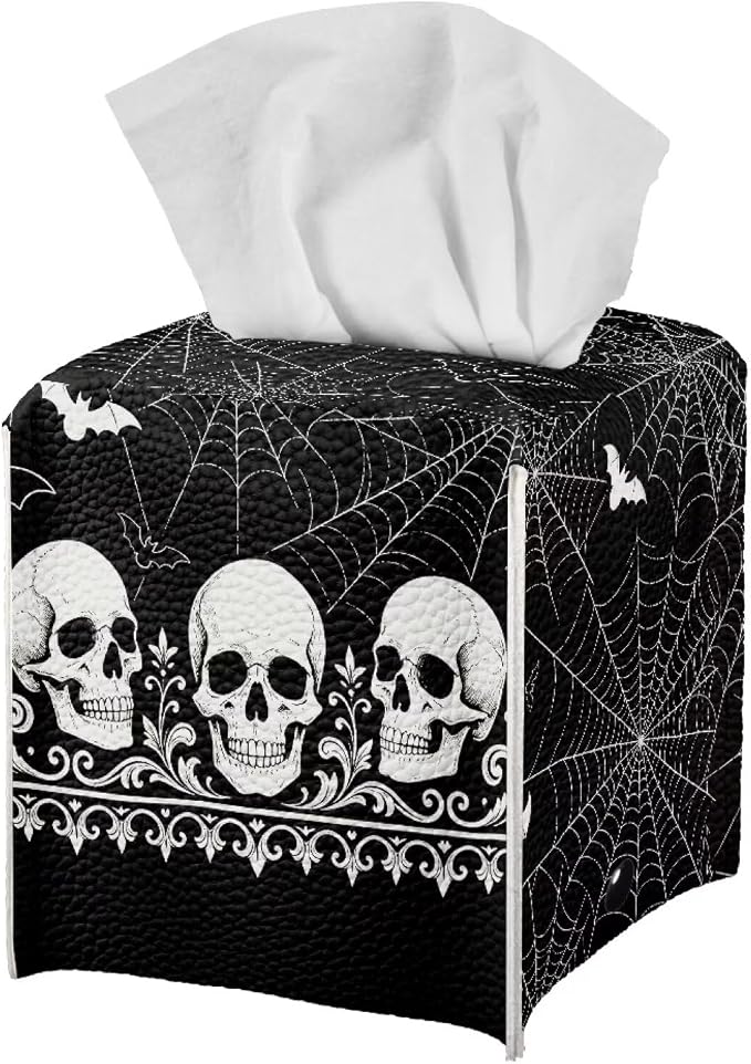 doginthehole Halloween Decorations Tissue Box Cover Gothic Skull Spider Web Leather Tissue Box Holder for Bathroom Office Tissues Case Organizer Cube Tissues Dispenser