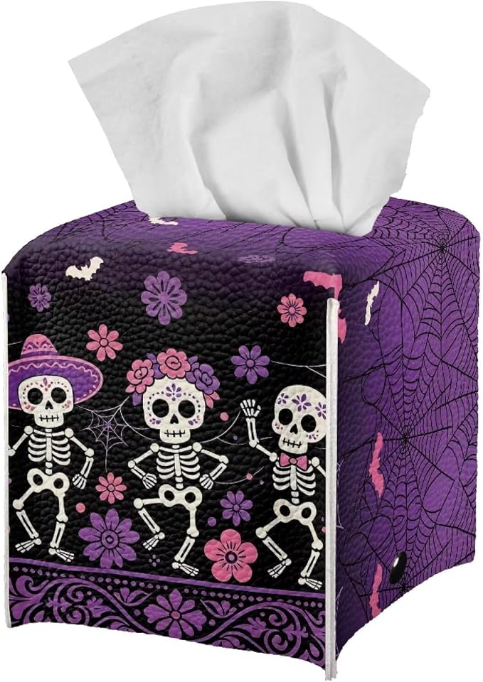 doginthehole Halloween Decorations Tissue Box Cover Hippie Skull Floral Leather Tissue Holder Square Tissue Case Facial Paper Organizer Dispenser for Bathroom, Vanity Countertop, Car - skull toilet paper