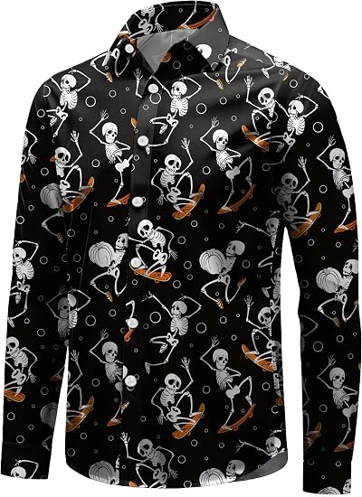 ELDPS Halloween Shirts for Men: Funny Pumpkins Skull Print Tee Shirt Hawaiian Button Up Long Sleeve Tops - skull tshirt