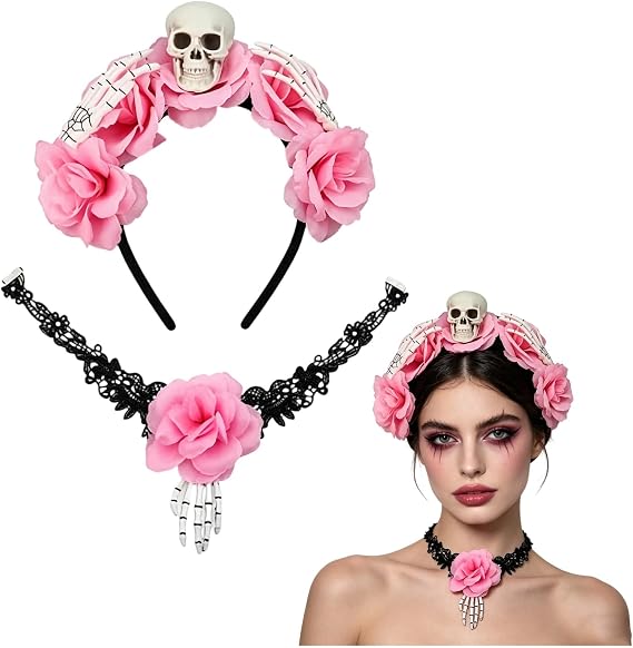 Halloween Pink Skull Floral Headband and Lace Choker Necklace Set - skull headband