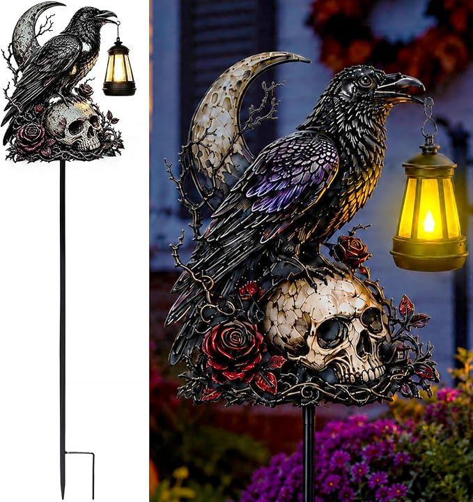 Halloween Garden Decorations Outdoor, Crow Skull Solar Garden Stake with Lantern Light, Gothic Halloween Yard Decor for Lawn, Pathway, Flower Bed and Front Porch