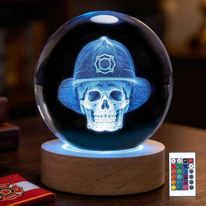 Firefighter Gifts, Fire Fighter Skull Crystal Ball Lamp, 3D Night Light