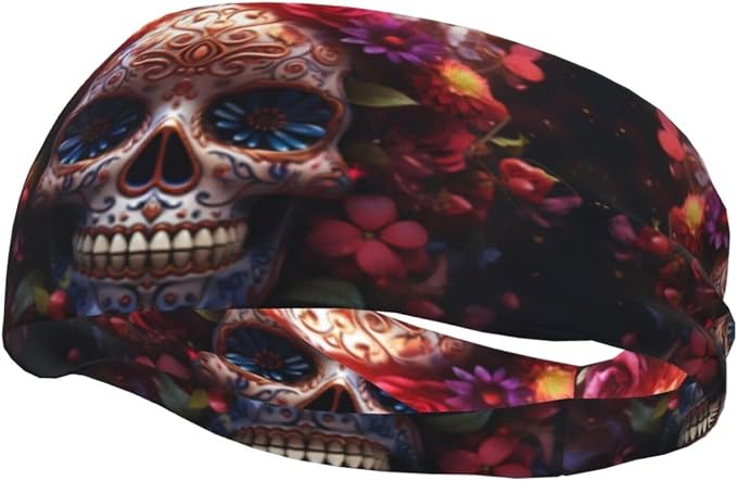 Sugar Horror Skull and Flowers Sports Sweatband – Stretchy, Breathable Headband for Workout - skull headband