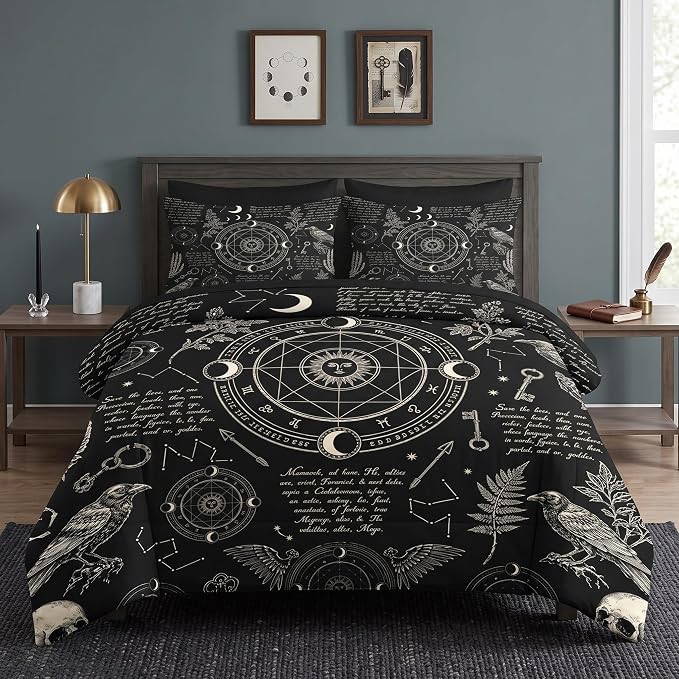 WeCozy 7 Pcs Queen Size Comforter Set, Gothic Witchy Bedding - skull bedding