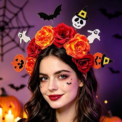 Halloween Flower Headband for Women Orange and Red Floral Headbands - skull headband