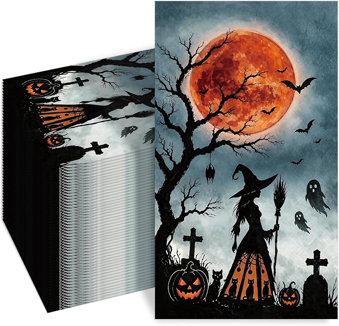 100PCS Halloween Disposable Paper Napkins, Spooky Blood Moon Witch Ghost Tombstone Guest Towels, Decorative Disposable Hand Towels for Halloween Party Bathroom Table Decor - skull toilet paper