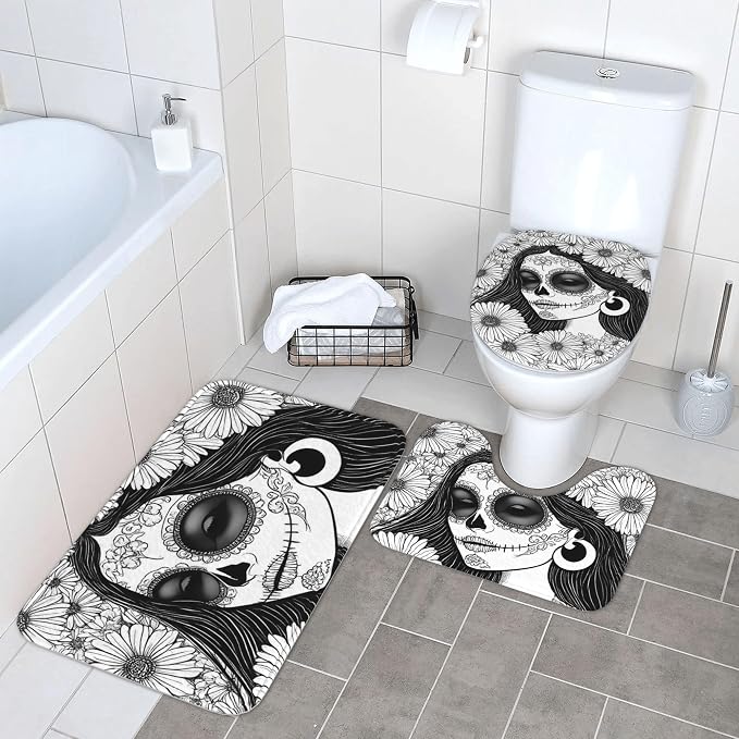 Floral Sugar Skull Portrait Print Bathroom Rugs Sets - skull toilet paper