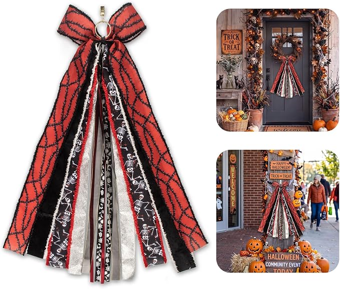 Halloween Wreath Bow, Black Red Spider Web Skull Bow