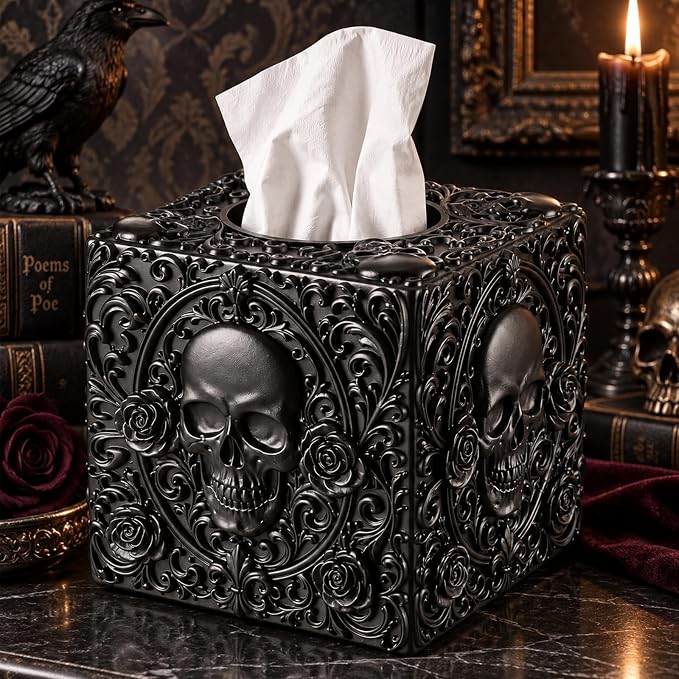 Halloween Skull Tissue Box Cover Black Square Gothic Style