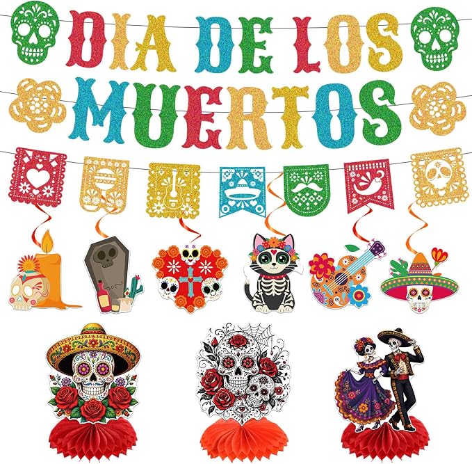12 Pcs Dia De Los Muertos Decorations, Day of the Dead Hanging Banner with Swirls & Honeycomb Centerpieces, Papel Picado Sugar Skull Party Decor for Mexican Fiesta, Halloween Celebration - skull carpet