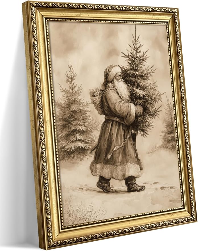Gold Framed Vintage Christmas Wall Art, Santa Claus Wall Decor, Santa Carrying Pine Tree in Snowy Forest Canvas Picture, Holiday Painting Print Poster for Living Room Entryway – 8x10in - skull wall art