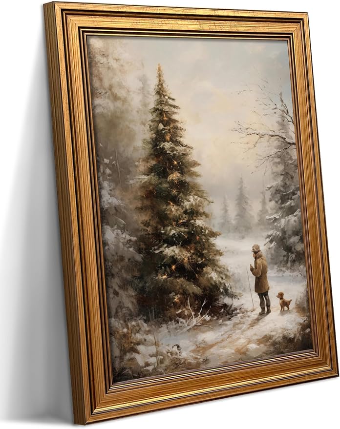 Vintage Christmas Wall Art, Snowy Forest Gold Framed Wall Decor, Lighted Evergreen Tree with Man and Dog Canvas Print, Winter Holiday Picture Poster for Living Room Entryway Home – 12x16in - skull wall art