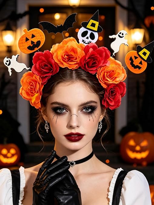 Abien Halloween Flower Headband Day of the Dead Headpeice for Women - skull headband