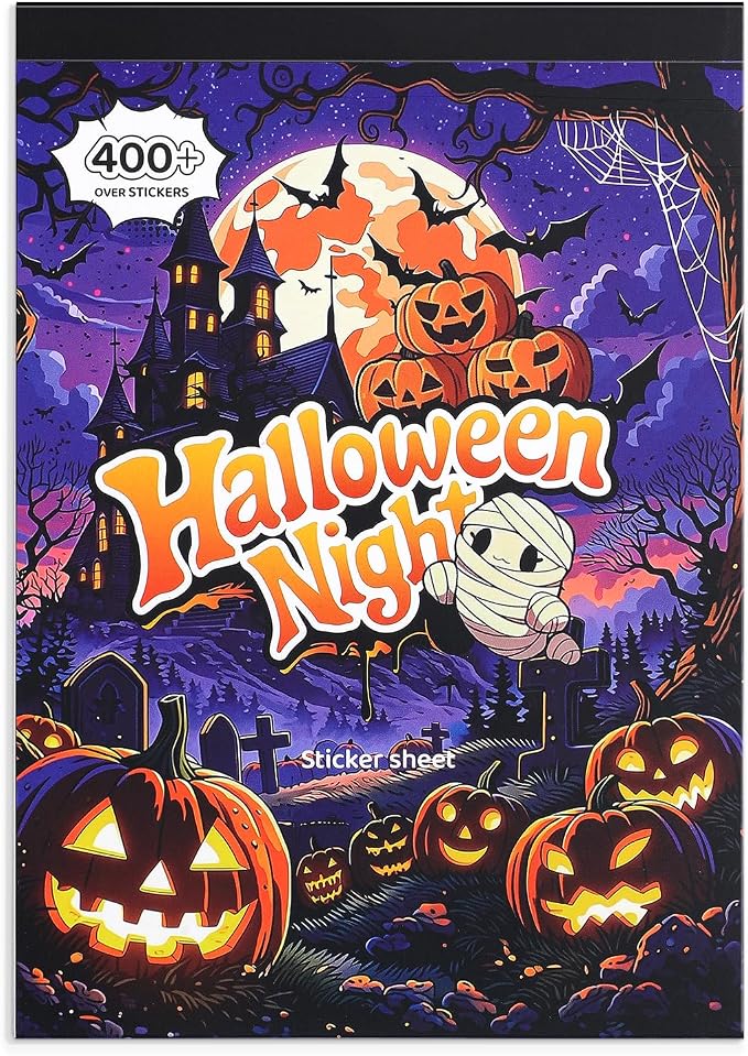 400+ Halloween Sticker Book for Girls, 400+ Cute Retro Pumpkin Halloween Comics Stickers, Reusable Vinyl Spooky Stickers for Scrapbooking Journaling Planner DIY Crafts, Trick or Treat Gift - skull sticker