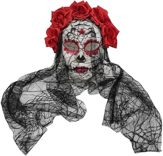 Day of the Dead Sugar Skull Mask with Veil and Rose Flower Crown Mexican Dia De Los Muertos Halloween Lace Mask - sugar skull costume