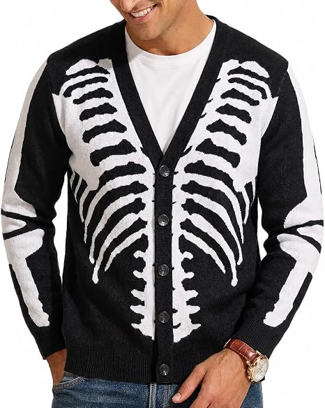 LecGee Men's Halloween Cardigan Sweater V-Neck Holiday Button Down Knitwear - skeleton