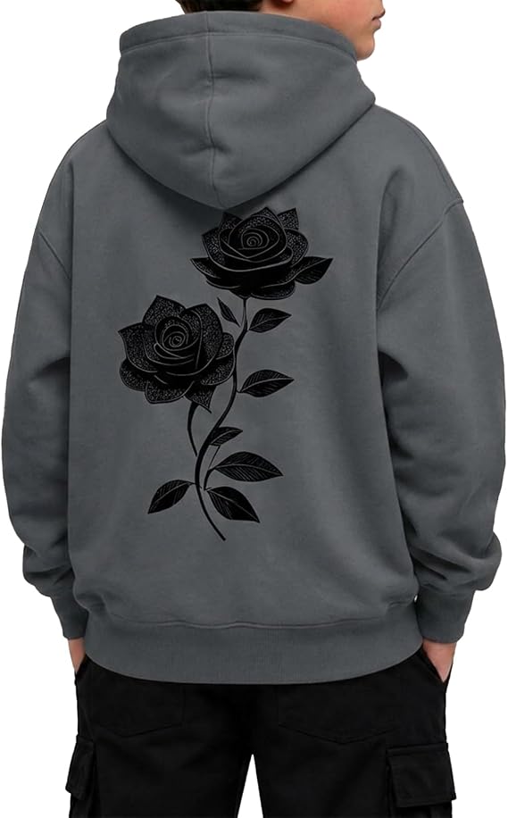 KIEKIECOO Boys Black Rose Graphic Hoodies Gothic Streetwear Cool Sweatshirt - skull sweatshirts