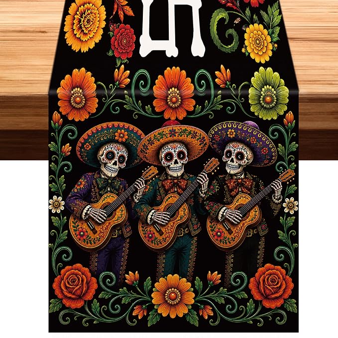 Dia De Los Muertos Table Runner, Day of The Dead Sugar Skull Mexican Fiesta Table Decor, Marigold Floral Altar Decoration for Home Kitchen Dining Table Party Supplies, 12 x 71 Inch - skull floor mat