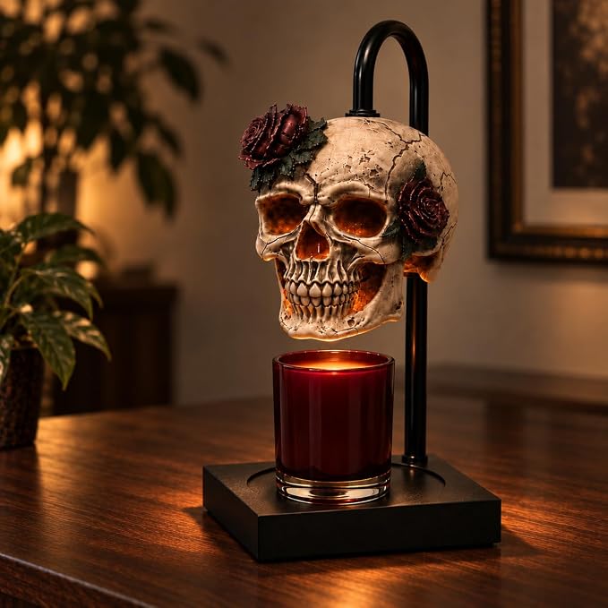 Skull Rose Candle Warmer Lamp, Hand-Painted Gothic Decor - skull candle