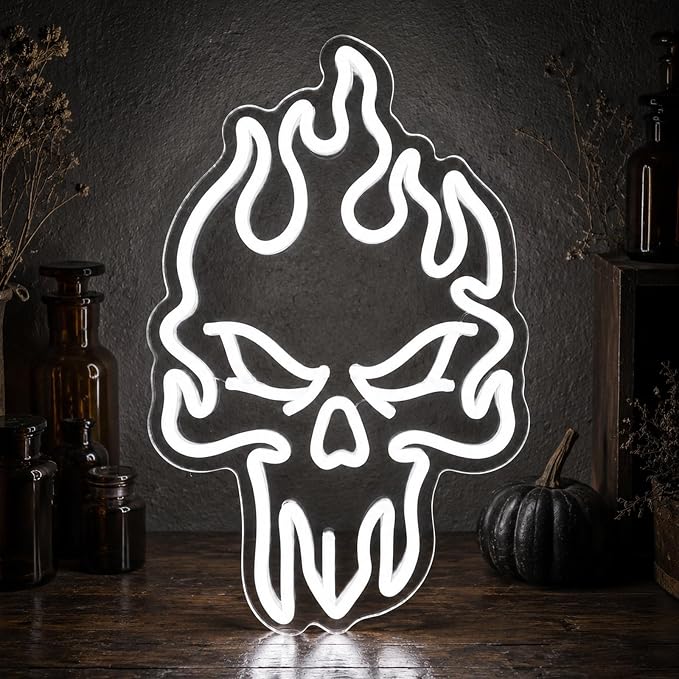 Flaming Skull Neon Sign for Wall Decor, Skeleton‌ Fire Head LED Neon Lights Halloween Decor Light Sign for Man Cave Beer Bar Game Room Garage Halloween Party Decor Gifts