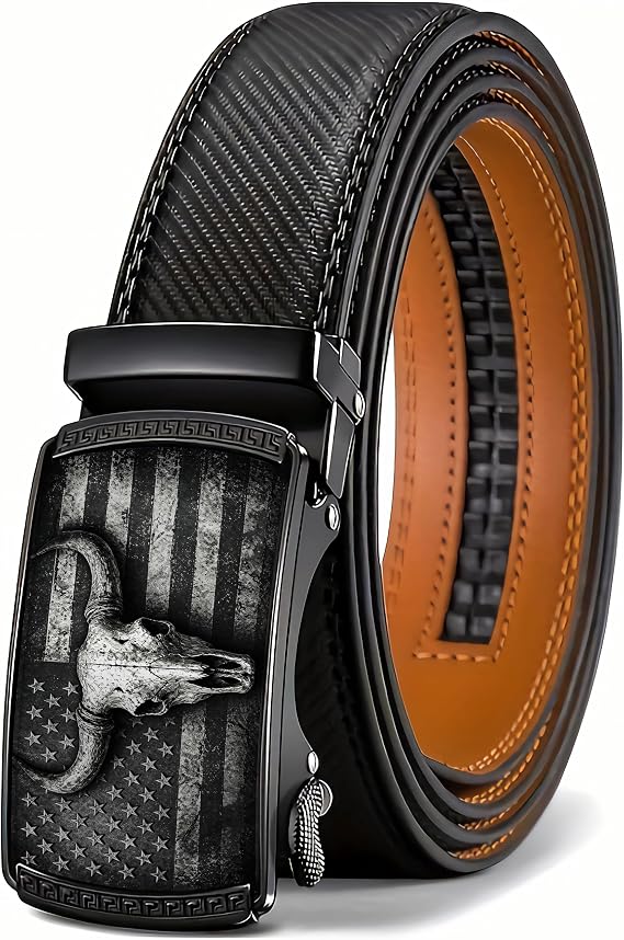 Men's Ratchet Belt with Bull Skull American Flag Great Gift for Him - skull wallet
