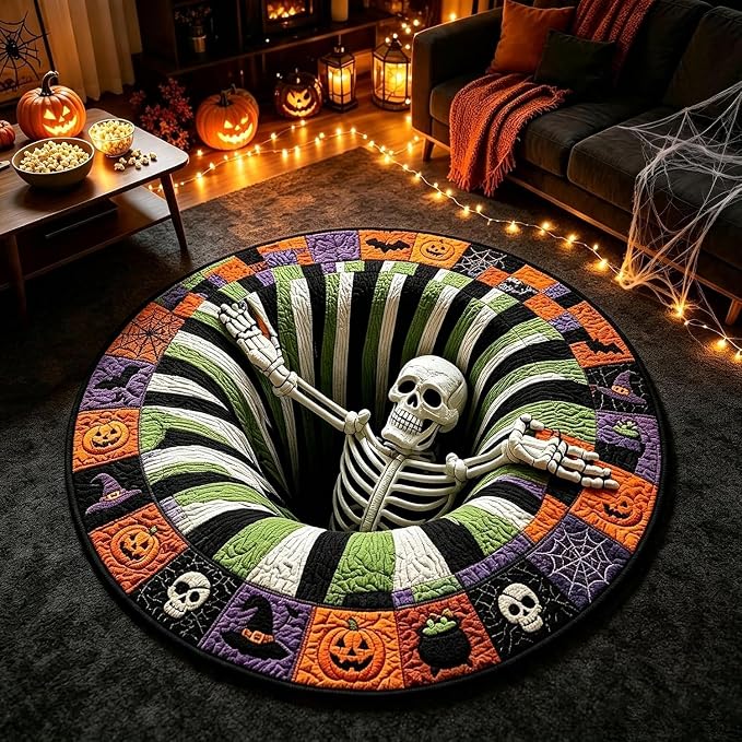 Gaukomzs Novelty Halloween 3D Vortex Optical Illusion Rug 16in, Ghost & Skeleton Candy Corn Abyss Round Mat, Soft Crystal Velvet Non Slip Doormat (Blue-Black, 16inx16in(60x60cm)) - skull floor mat