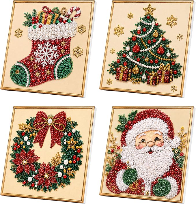 FunooFuno 4 Pcs Christmas Pearl Diamond Art Painting Kit and Display Frame - skull painting