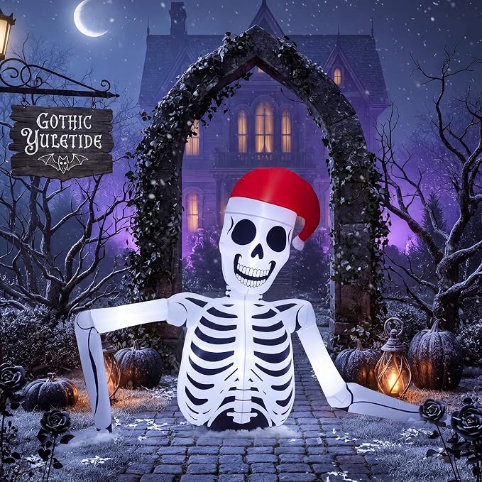 Sosation 5.6 ft Christmas Inflatables Skeleton with Santa Hat LED Lights - skull inflatable