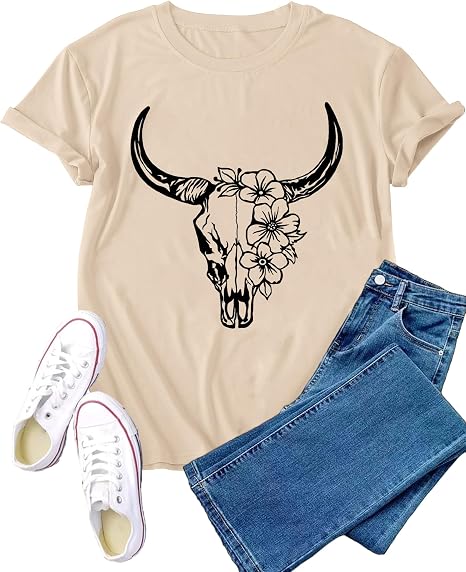 Howdy Shirts for Women Western Cowgirl T-Shirt Longhorn Skull Tee - skull tshirt