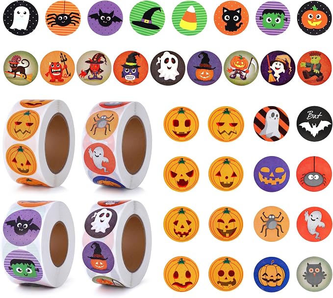 2000Pcs Halloween Stickers Roll Pumpkin Ghost Witch Bat Spider - skull sticker