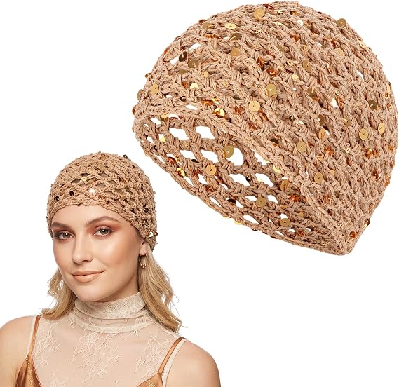 Women’s Glitter Sequin Beanie Boho Hollow Hollow Out Crochet Hat Skull Cap - skull hat