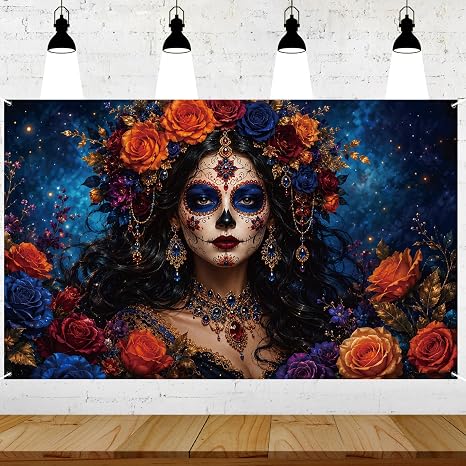 EUOYUFO Dia De Los Muertos Backdrop, Day of the Dead Banner Decorations, Sugar Skull Floral Photo Booth Banner for Mexican Fiesta & Halloween Party, 70.9 x 43.3 Inch - skull sticker