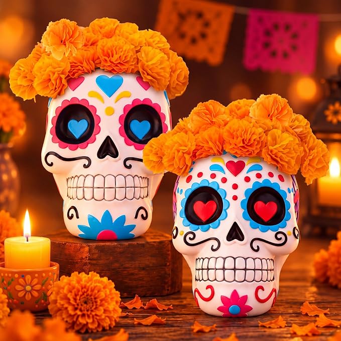 2 Pcs 7.5 Inch Day Of The Dead Sugar Skull Decor with 48 Marigold Flower - skull figurine