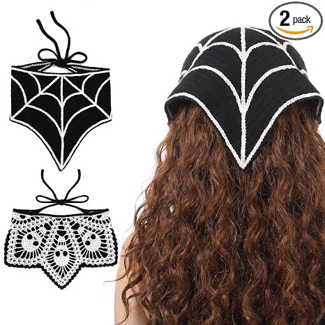 2Pcs Goth Crochet Bandana, Halloween Hair Accessories for Women - skull headband