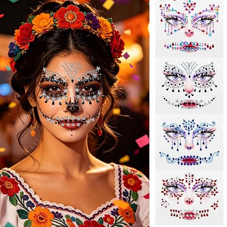 Halloween Face Gems Jewels Tattoos 4 Pack, Day of the Death Skull Stickers - sugar skull makeup