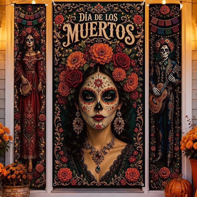 Dia De Los Muertos Door Cover with 2 Side Door Banners, Day of the Dead Decorations, Sugar Skull Marigold Front Porch Decor for Mexican Fiesta & Halloween Party - skull floor mat