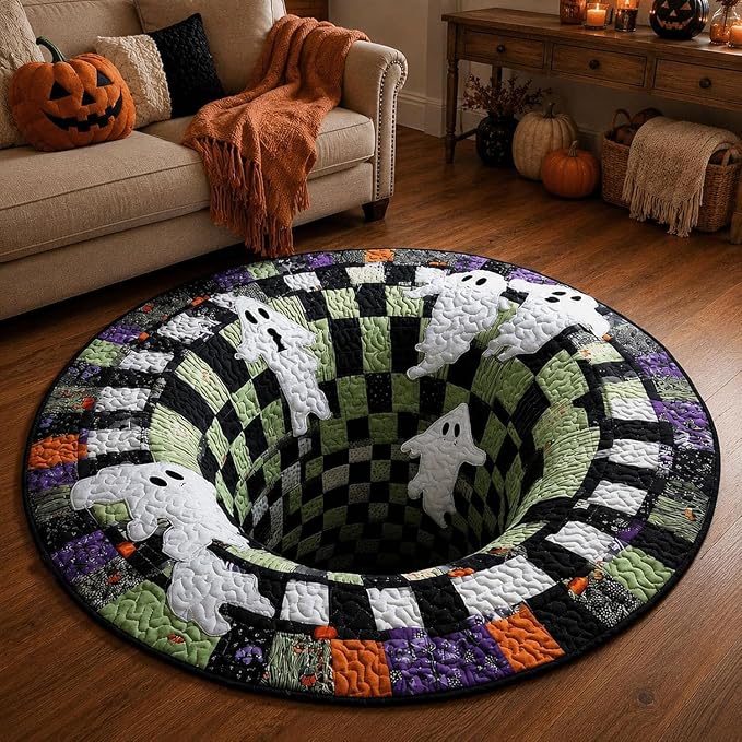 3D Halloween Rug, Novelty Ghost Skeleton 3D Optical Illusion Rugs | Candy Corn Abyss Quilted Round Mat with Spooky Depth Design Crystal Velvet Soft & Durable Fabric Non-Slip(24INCH Ghost) - skull floor mat