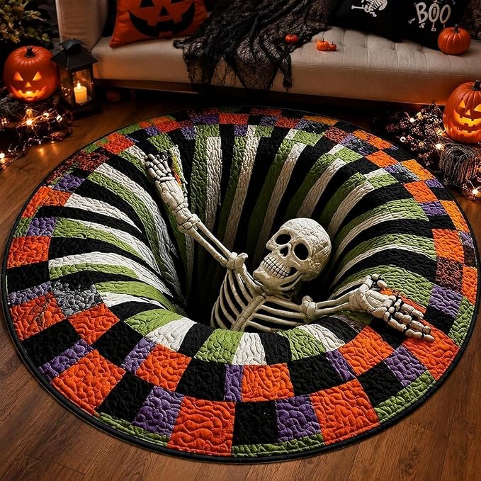3D Halloween Rug, Ghost Skeleton vortex quilted 3D Optical Illusion Rugs | Candy Corn Abyss Quilted Round Mat with Spooky Depth Design Crystal Velvet Soft & Durable Fabric Non-slip（24INCH skull）