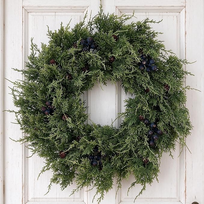 24" Fake Cedar Christmas Wreath with Berry Pinecone for Front Door Decor - skull wreath